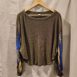 We The Free Olive Knit Top with Blue Patterned Balloon Sleeves